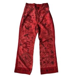 Womens Artisan Hand Embroidered Indie Boho Pants Red Folk Festival Hippie Unique